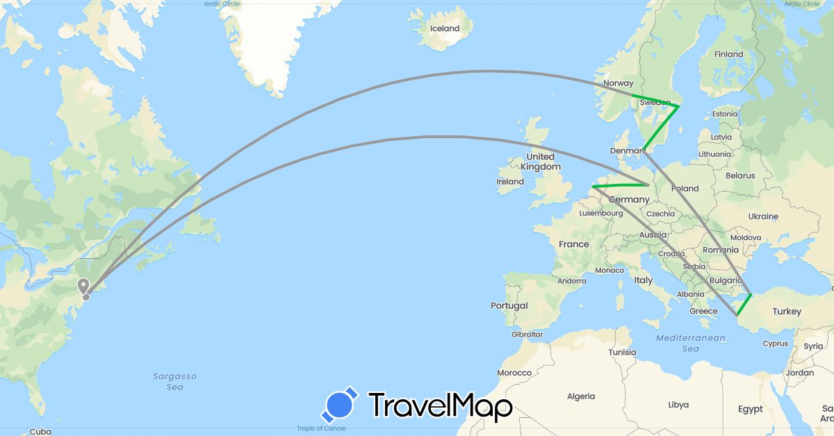 TravelMap itinerary: driving, bus, plane in Germany, Denmark, Netherlands, Norway, Sweden, Turkey, United States (Asia, Europe, North America)